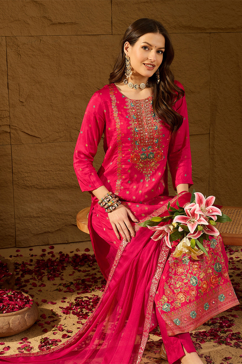 Pink Silk Floral Woven Design Straight Kurta Trousers With Dupatta HOPPKSKD2844