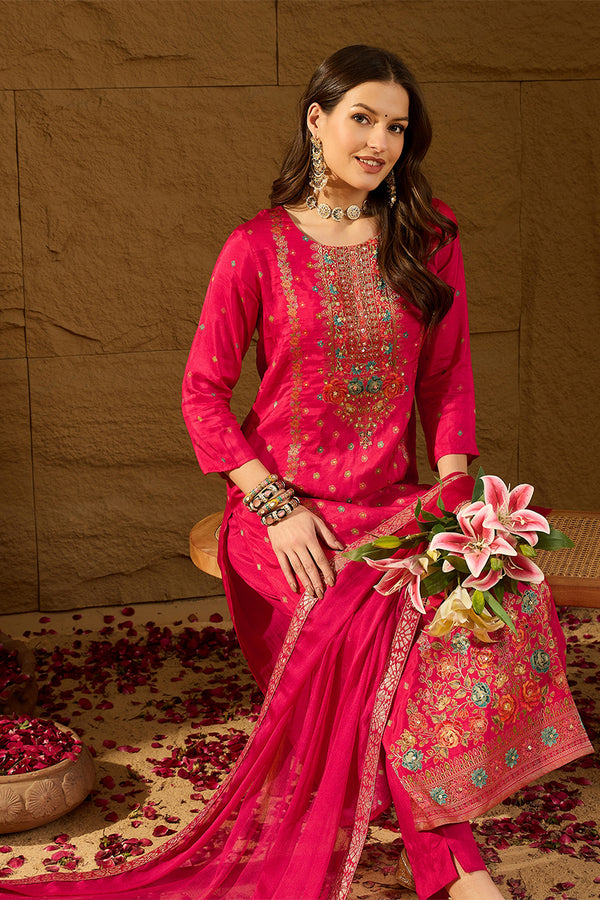 Pink Silk Floral Woven Design Straight Kurta Trousers With Dupatta HOPPKSKD2844