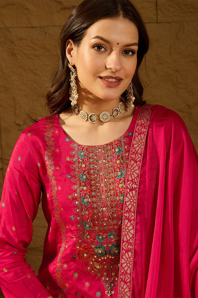 Pink Silk Floral Woven Design Straight Kurta Trousers With Dupatta HOPPKSKD2844