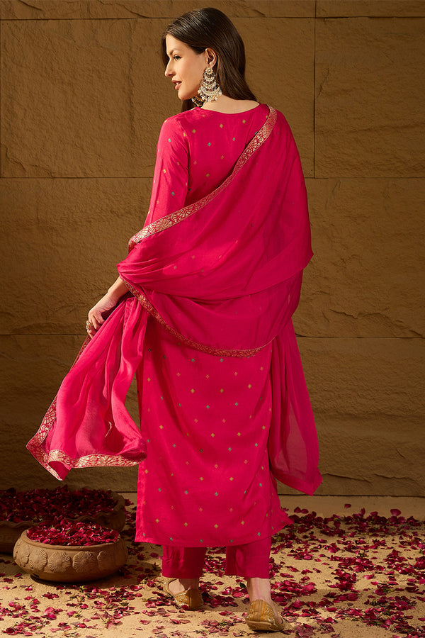 Pink Silk Floral Woven Design Straight Kurta Trousers With Dupatta HOPPKSKD2844