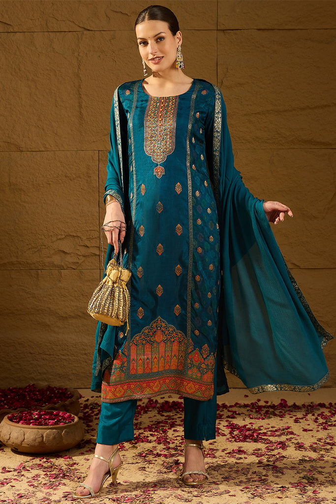 Blue Pure Silk Floral Woven Design Straight Suit Sets HOPPKSKD2845