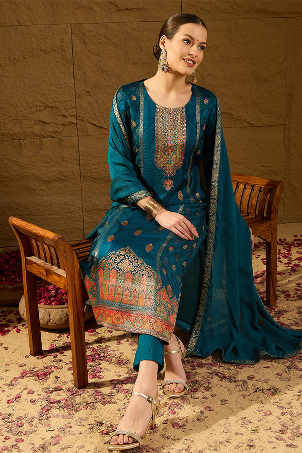 Blue Pure Silk Floral Woven Design Straight Suit Sets HOPPKSKD2845