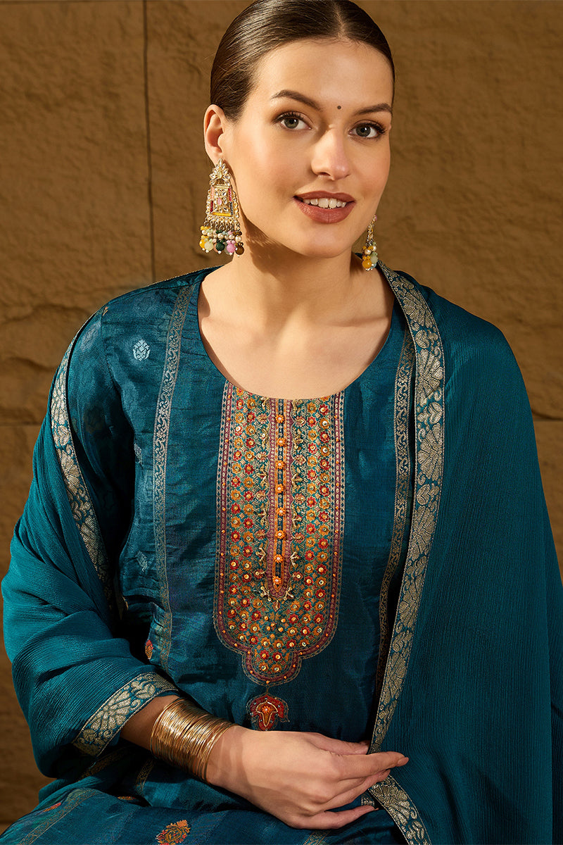 Blue Pure Silk Floral Woven Design Straight Suit Sets HOPPKSKD2845