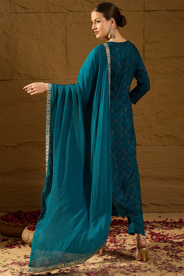Blue Pure Silk Floral Woven Design Straight Suit Sets HOPPKSKD2845