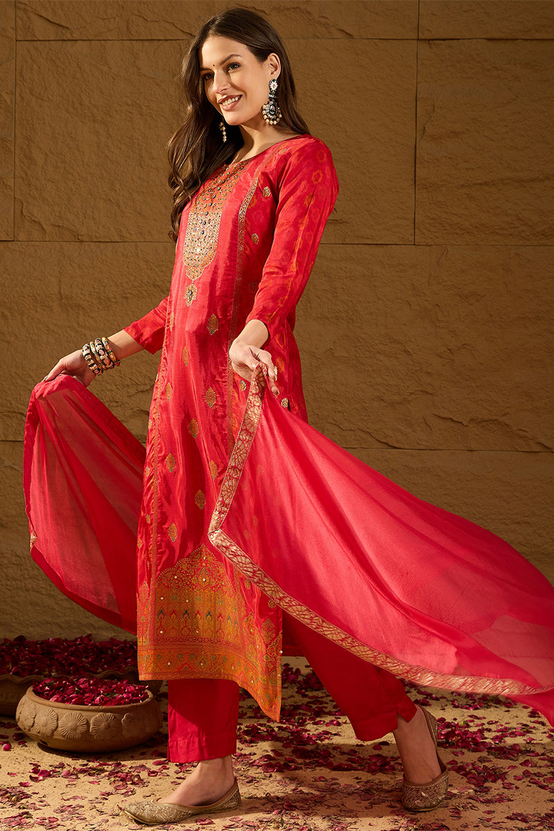 Red Pure Silk Ethnic Motifs Woven Design Straight Suit Sets HOPPKSKD2846