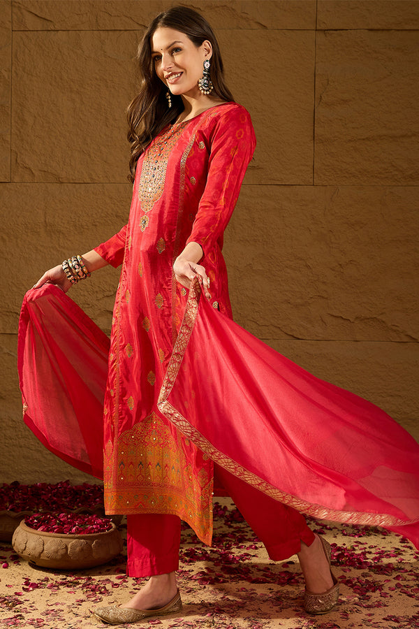 Red Pure Silk Ethnic Motifs Woven Design Straight Suit Sets HOPPKSKD2846