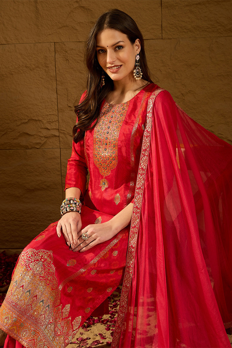 Red Pure Silk Ethnic Motifs Woven Design Straight Suit Sets HOPPKSKD2846