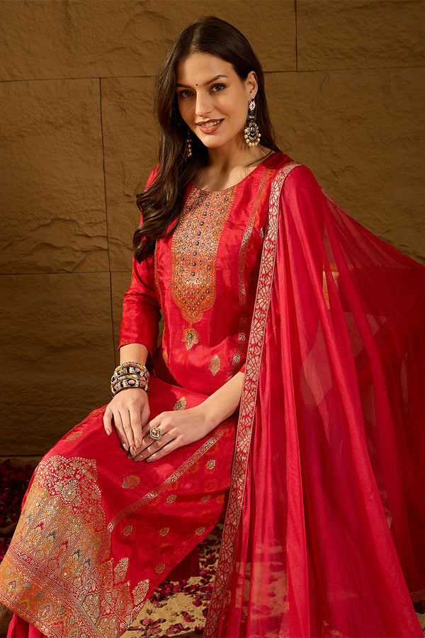 Red Pure Silk Ethnic Motifs Woven Design Straight Suit Sets HOPPKSKD2846