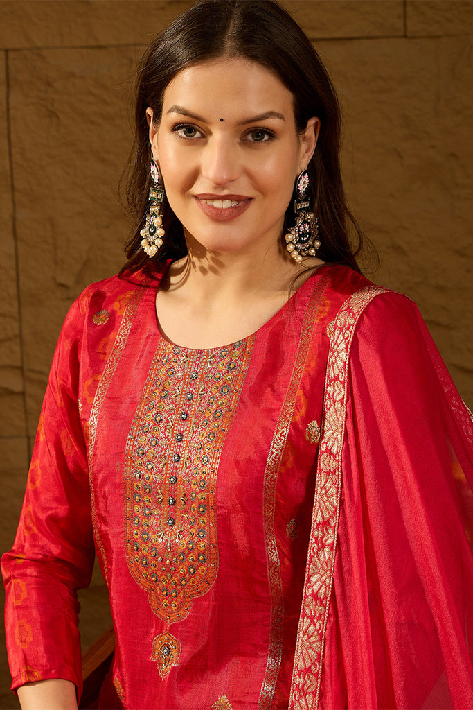 Red Pure Silk Ethnic Motifs Woven Design Straight Suit Sets HOPPKSKD2846