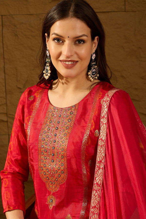 Red Pure Silk Ethnic Motifs Woven Design Straight Suit Sets HOPPKSKD2846