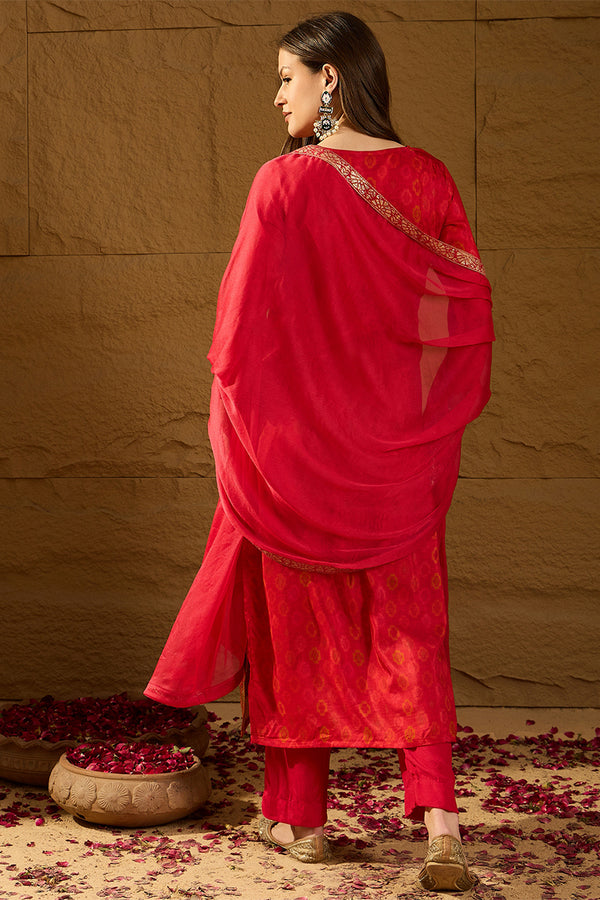 Red Pure Silk Ethnic Motifs Woven Design Straight Suit Sets HOPPKSKD2846
