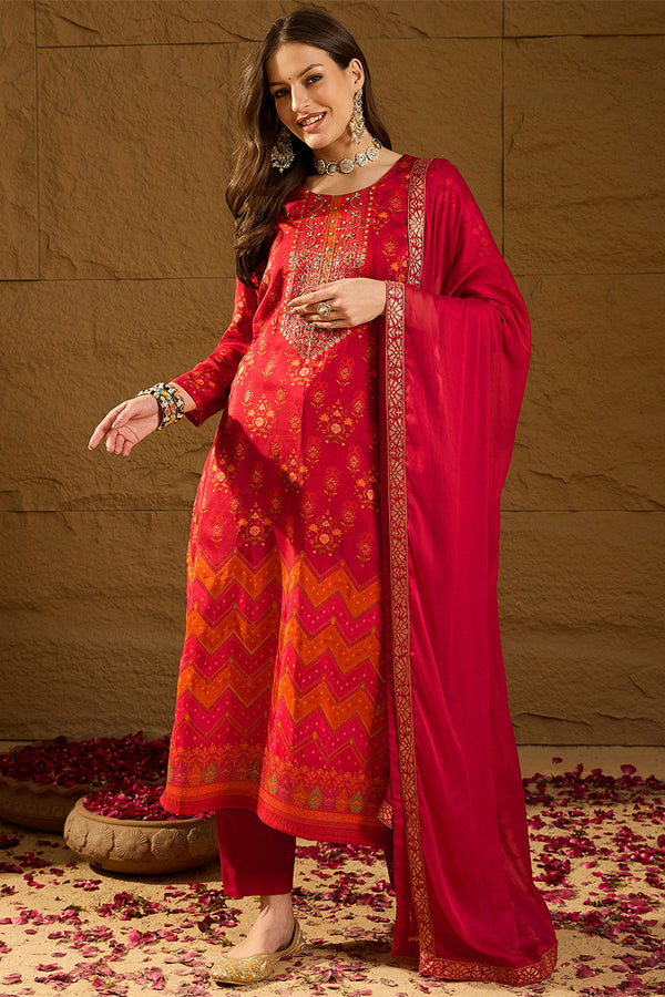 Red Silk Ethnic Motifs Woven Design Straight Kurta Trousers With Dupatta HOPPKSKD2847