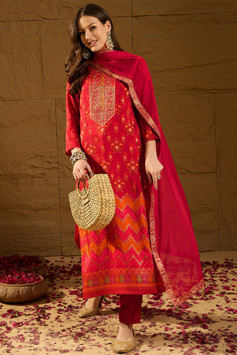 Red Silk Ethnic Motifs Woven Design Straight Kurta Trousers With Dupatta HOPPKSKD2847