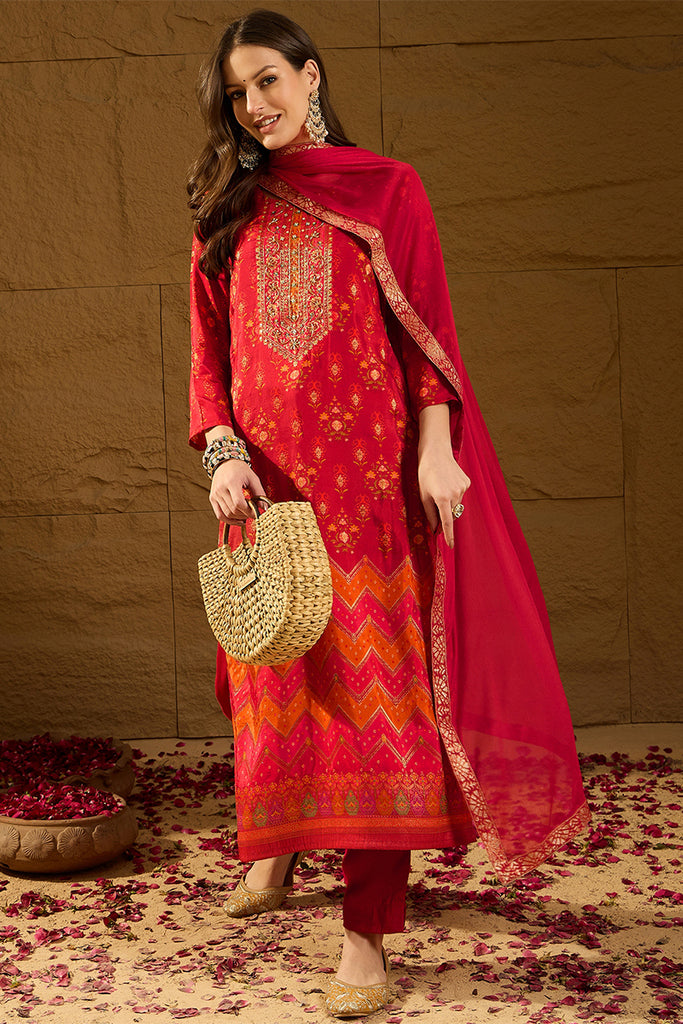 Red Silk Ethnic Motifs Woven Design Straight Kurta Trousers With Dupatta HOPPKSKD2847