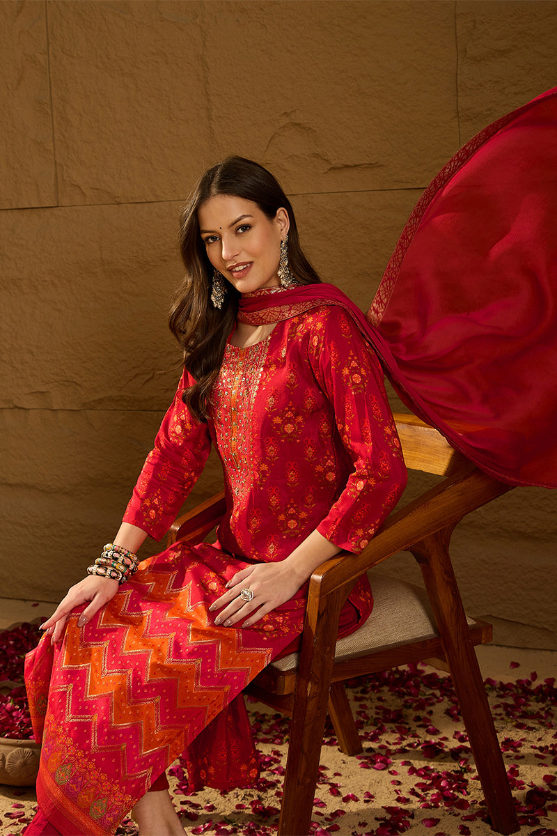 Red Silk Ethnic Motifs Woven Design Straight Kurta Trousers With Dupatta HOPPKSKD2847