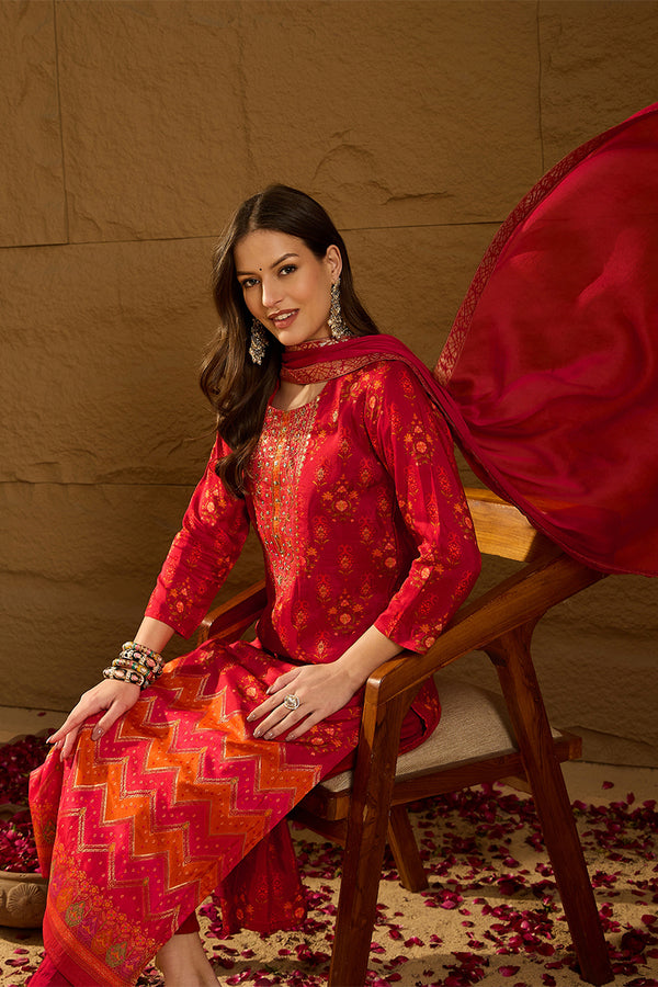 Red Silk Ethnic Motifs Woven Design Straight Kurta Trousers With Dupatta HOPPKSKD2847