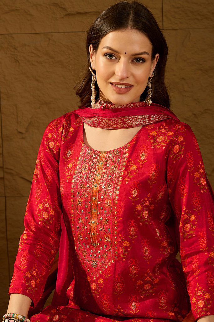Red Silk Ethnic Motifs Woven Design Straight Kurta Trousers With Dupatta HOPPKSKD2847