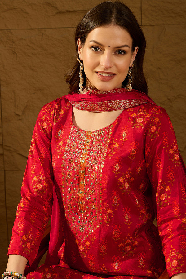 Red Silk Ethnic Motifs Woven Design Straight Kurta Trousers With Dupatta HOPPKSKD2847