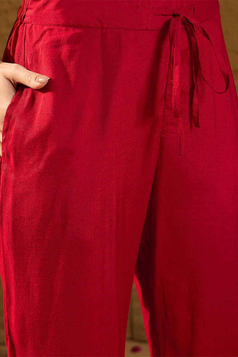 Red Silk Ethnic Motifs Woven Design Straight Kurta Trousers With Dupatta HOPPKSKD2847
