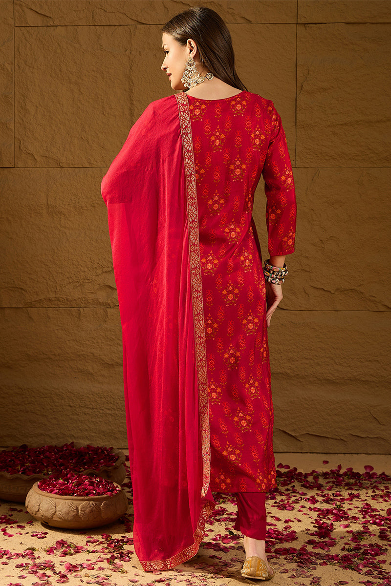 Red Silk Ethnic Motifs Woven Design Straight Kurta Trousers With Dupatta HOPPKSKD2847