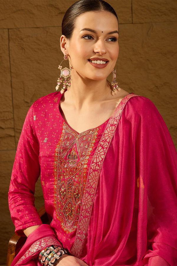 Pink Pure Silk Ethnic Motifs Woven Design Straight Suit Sets HOPPKSKD2850