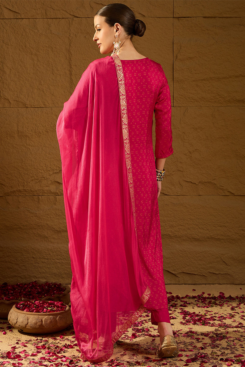 Pink Pure Silk Ethnic Motifs Woven Design Straight Suit Sets HOPPKSKD2850