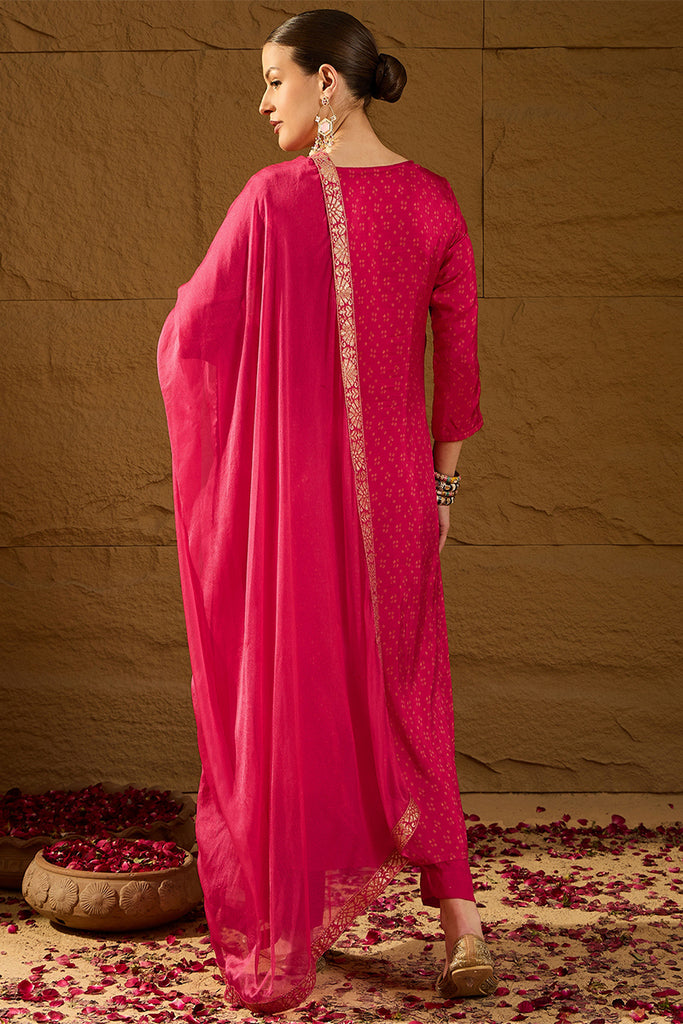Pink Pure Silk Ethnic Motifs Woven Design Straight Suit Sets HOPPKSKD2850