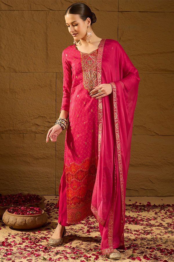 Pink Pure Silk Ethnic Motifs Woven Design Straight Suit Sets HOPPKSKD2850