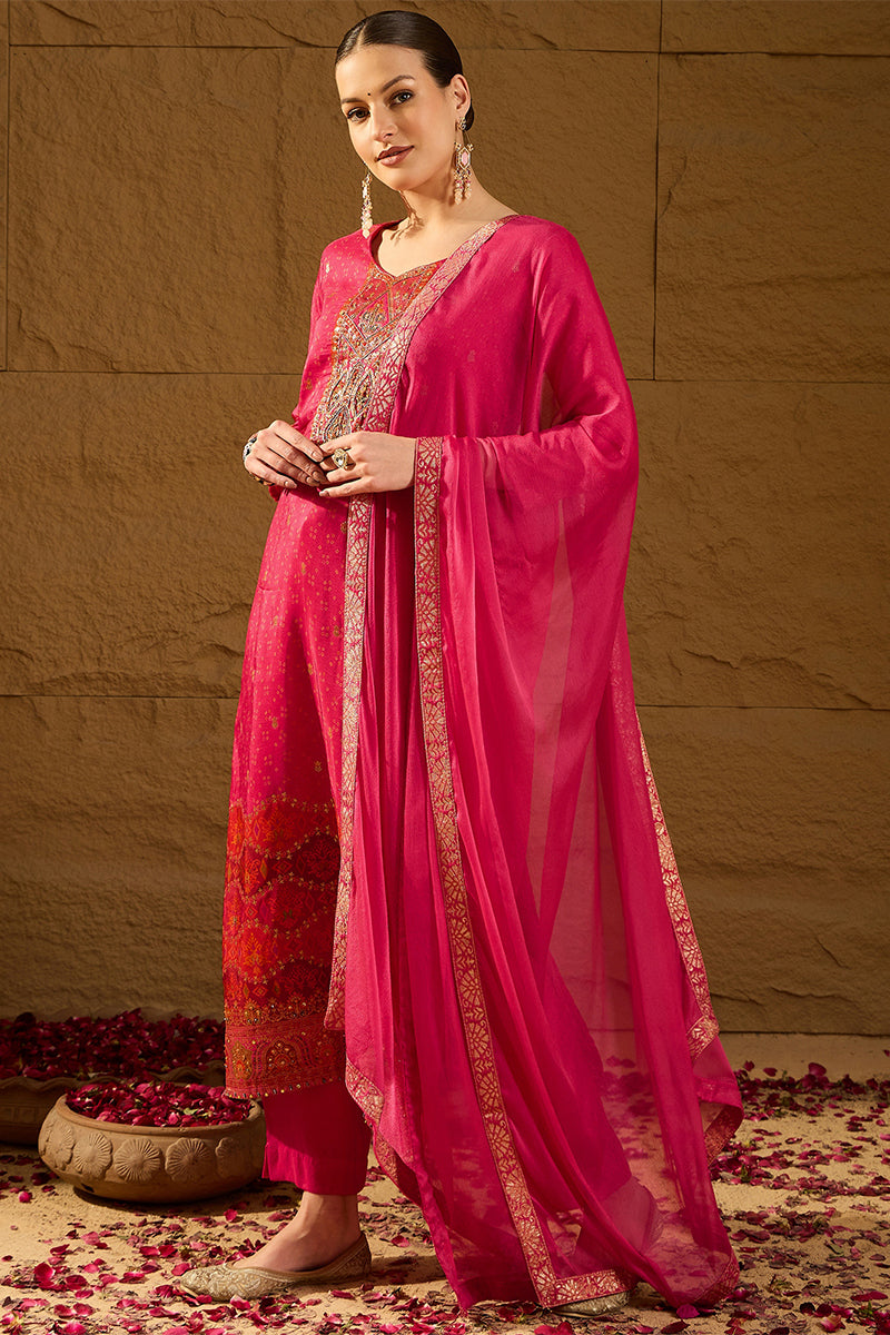 Pink Pure Silk Ethnic Motifs Woven Design Straight Suit Sets HOPPKSKD2850