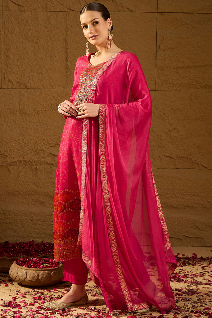 Pink Pure Silk Ethnic Motifs Woven Design Straight Suit Sets HOPPKSKD2850