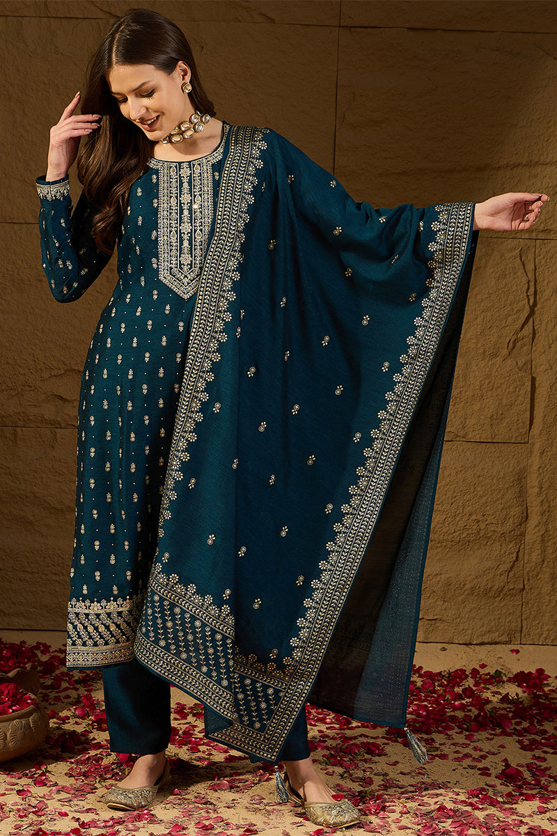 Teal Silk Blend Embroidered Straight Kurta Trouser With Dupatta HOPPKSKD2851