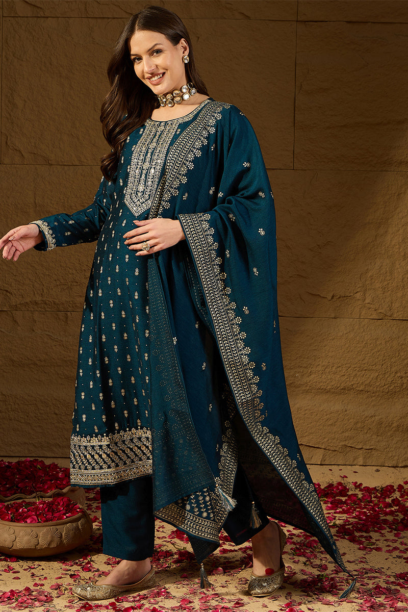 Teal Silk Blend Embroidered Straight Kurta Trouser With Dupatta HOPPKSKD2851