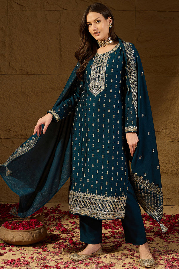 Teal Silk Blend Embroidered Straight Kurta Trouser With Dupatta HOPPKSKD2851