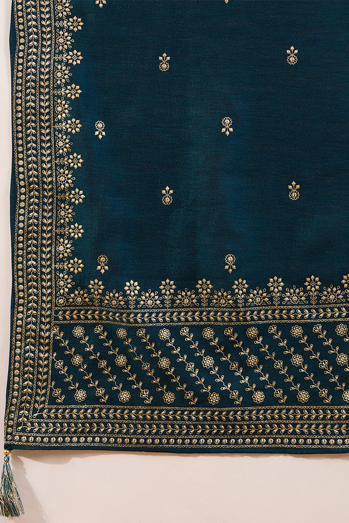 Teal Silk Blend Embroidered Straight Kurta Trouser With Dupatta HOPPKSKD2851