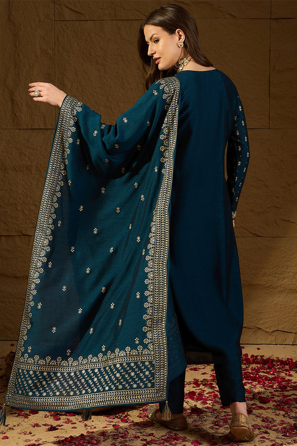 Teal Silk Blend Embroidered Straight Kurta Trouser With Dupatta HOPPKSKD2851