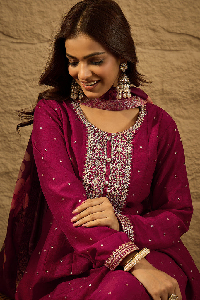 Maroon Pure Silk Bandhani Embroidered Anarkali Suit Sets HOPPKSKD2852