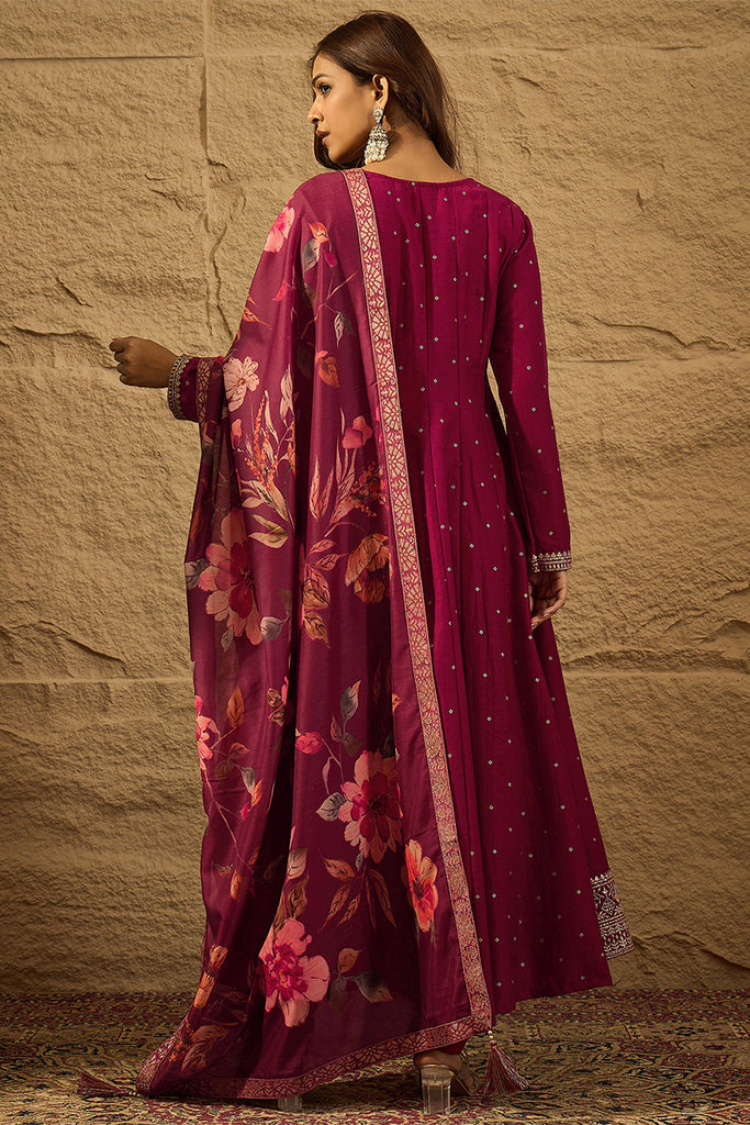 Maroon Pure Silk Bandhani Embroidered Anarkali Suit Sets HOPPKSKD2852