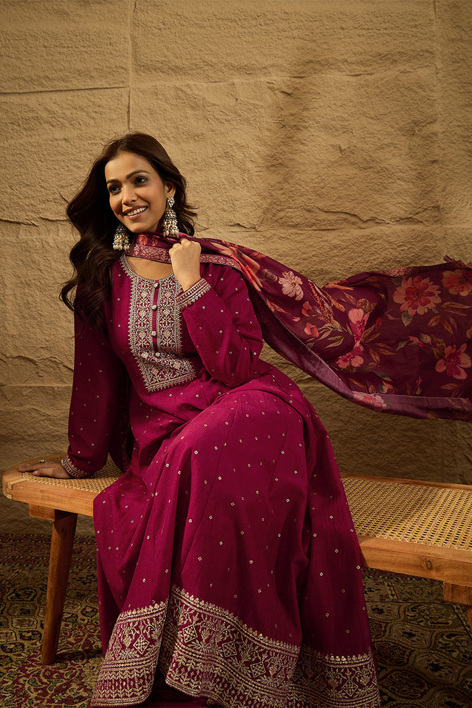 Maroon Pure Silk Bandhani Embroidered Anarkali Suit Sets HOPPKSKD2852