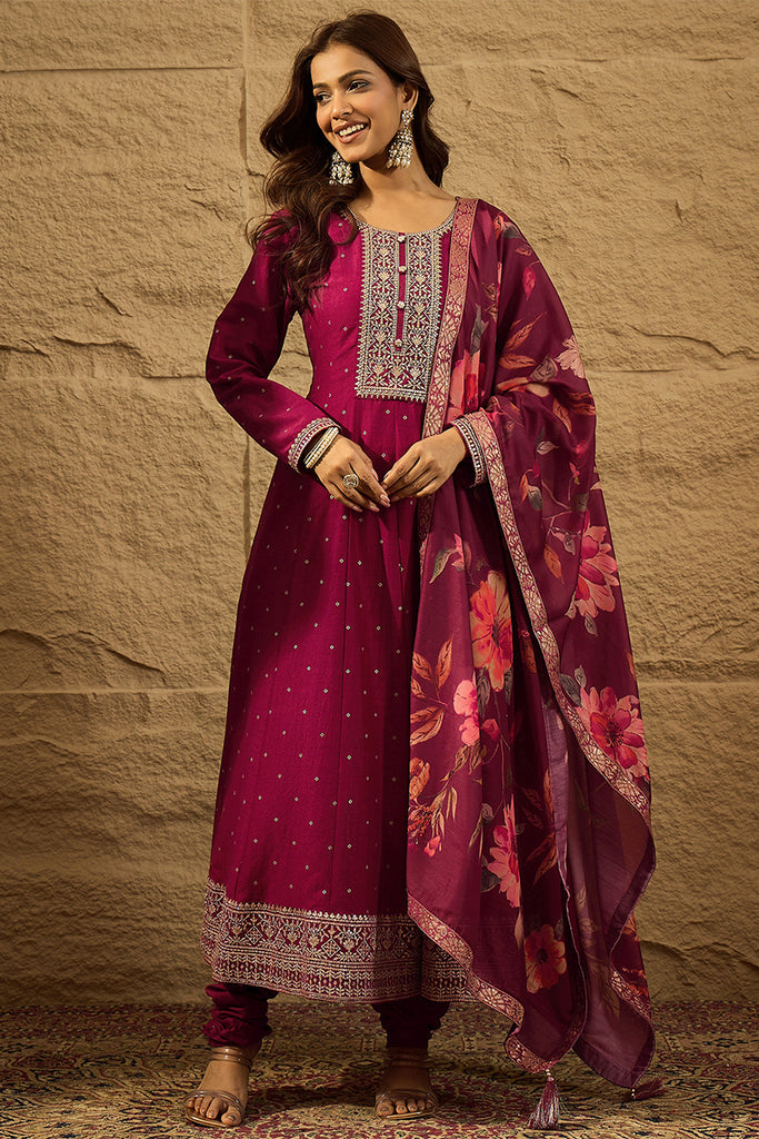 Maroon Pure Silk Bandhani Embroidered Anarkali Suit Sets HOPPKSKD2852