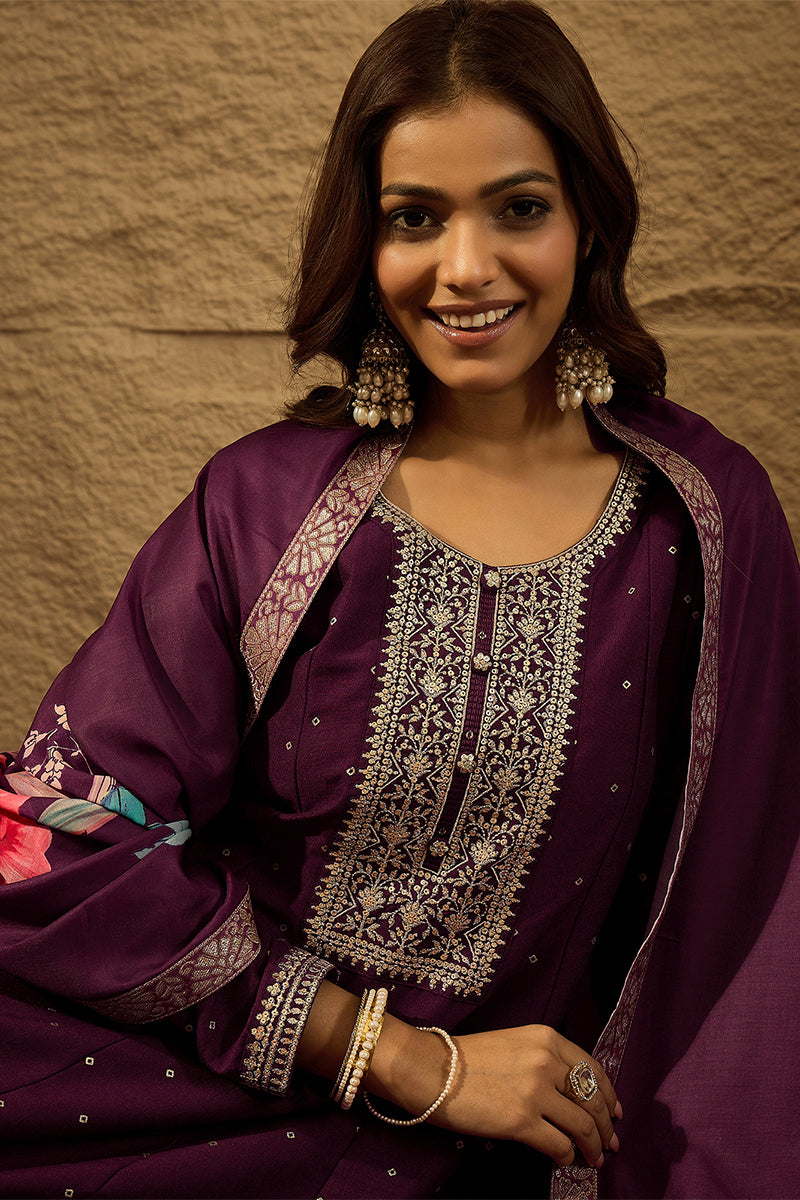 Purple Pure Silk Bandhani Embroidered Anarkali Suit Sets HOPPKSKD2853