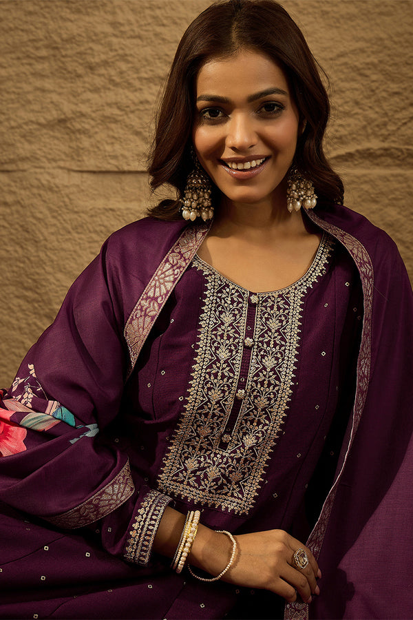 Purple Pure Silk Bandhani Embroidered Anarkali Suit Sets HOPPKSKD2853
