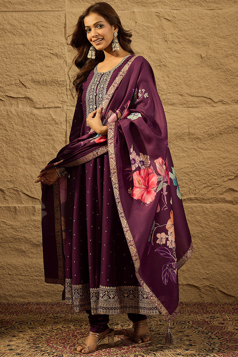 Purple Pure Silk Bandhani Embroidered Anarkali Suit Sets HOPPKSKD2853