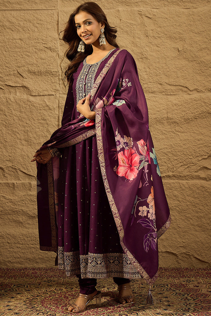 Purple Pure Silk Bandhani Embroidered Anarkali Suit Sets HOPPKSKD2853