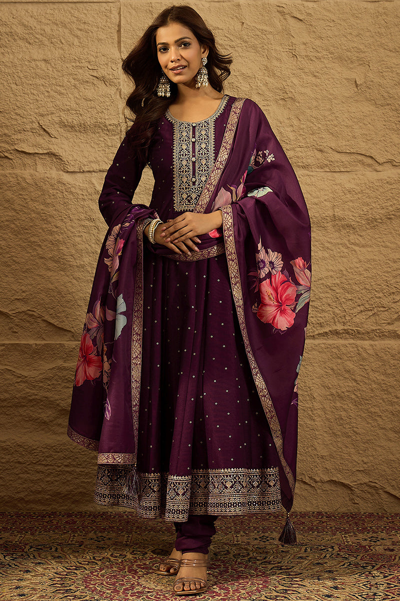 Purple Pure Silk Bandhani Embroidered Anarkali Suit Sets HOPPKSKD2853