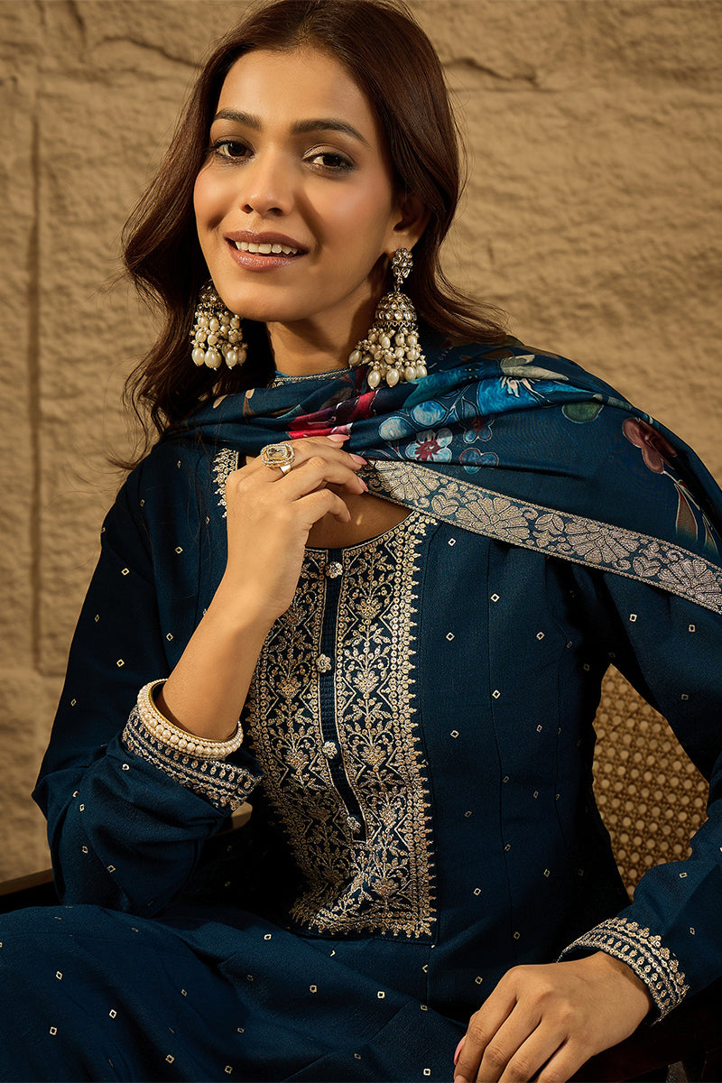 Blue Pure Silk Bandhani Embroidered Anarkali Suit Sets HOPPKSKD2854