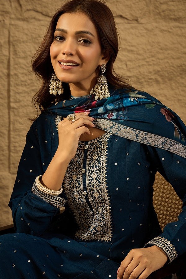 Blue Pure Silk Bandhani Embroidered Anarkali Suit Sets HOPPKSKD2854