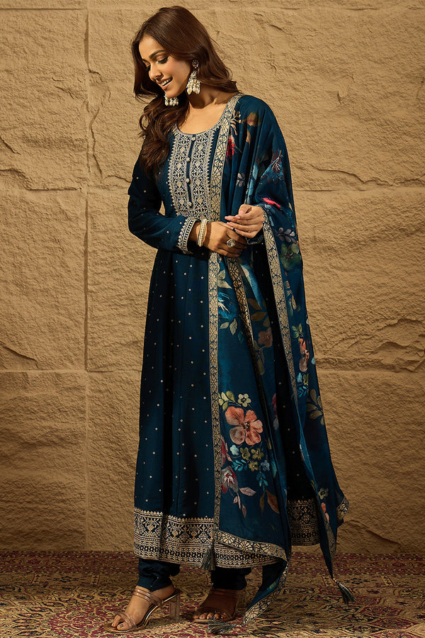 Blue Pure Silk Bandhani Embroidered Anarkali Suit Sets HOPPKSKD2854