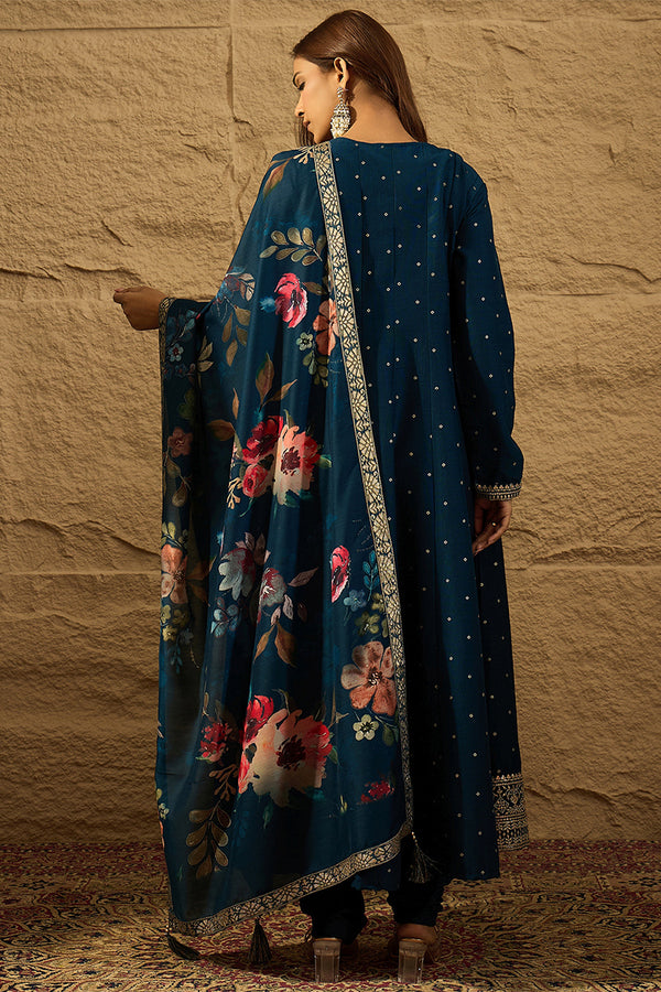 Blue Pure Silk Bandhani Embroidered Anarkali Suit Sets HOPPKSKD2854