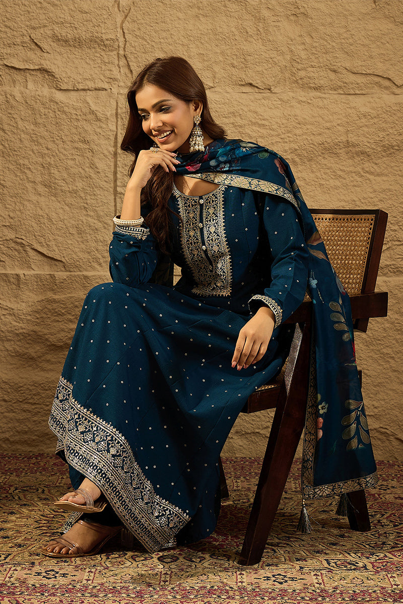 Blue Pure Silk Bandhani Embroidered Anarkali Suit Sets HOPPKSKD2854