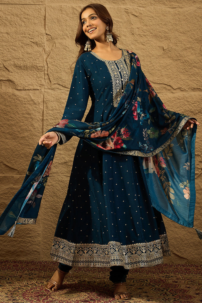 Blue Pure Silk Bandhani Embroidered Anarkali Suit Sets HOPPKSKD2854
